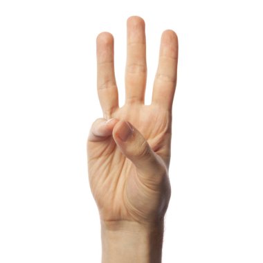  Finger spelling number 6 in ASL on white background. American Sign Language concept clipart