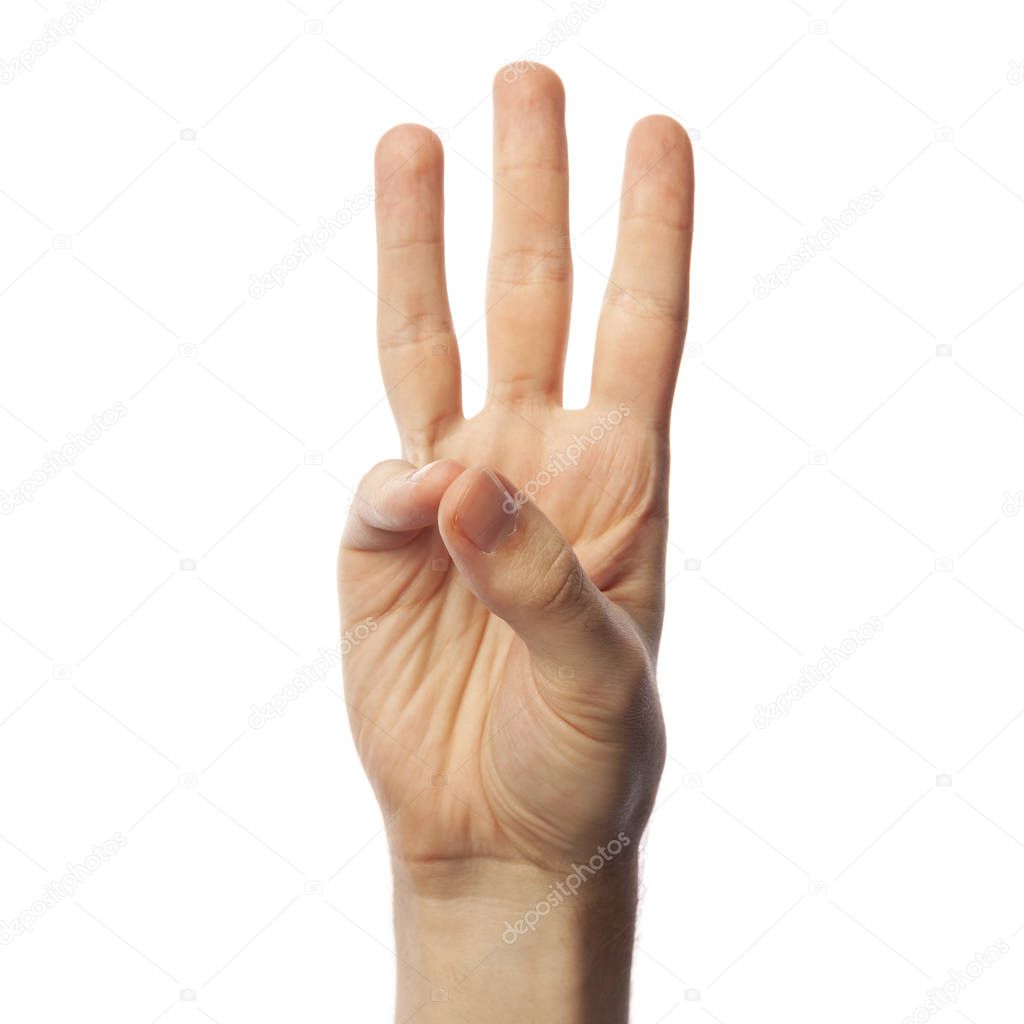  Finger spelling number 6 in ASL on white background. American Sign Language concept
