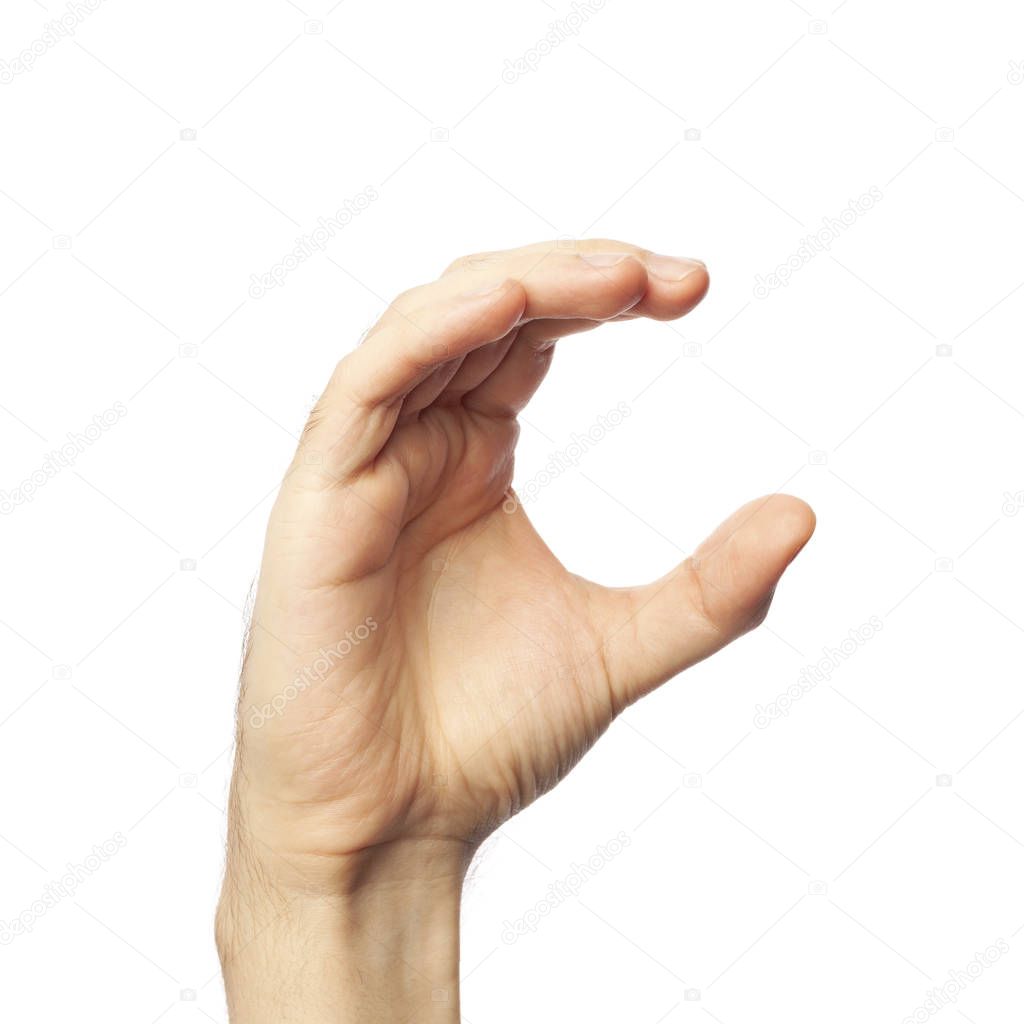  Finger spelling letter C in ASL on white background. American Sign Language concept