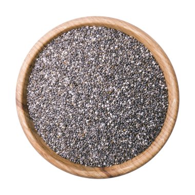 Beyaz arka planda izole edilmiş tahta kasedeki chia tohumları. Üst Manzara. Süper yiyecek konsepti