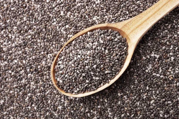 Chia Seeds Wooden Spoon Healthy Superfood Top View Closeup View — ストック写真