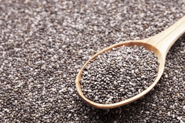 Chia Seeds Wooden Spoon Space Text Healthy Superfood Closeup View — ストック写真