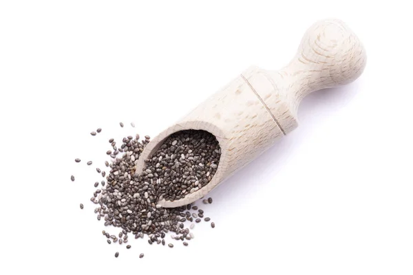 Chia Seeds Wooden Scoop Isolated White Background Healthy Superfood Top — ストック写真