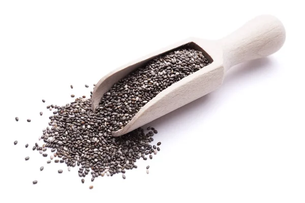 Chia Seeds Wooden Scoop Isolated White Background Healthy Superfood View — ストック写真