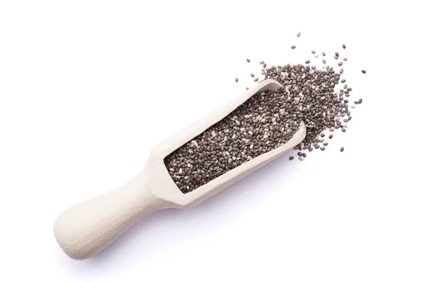 Chia Seeds Wooden Scoop Isolated White Background Healthy Superfood Top — ストック写真