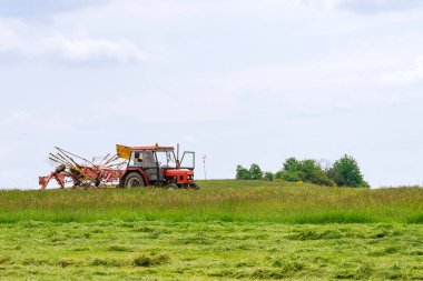 Skutech, Çek Cumhuriyeti, 4 Haziran 2020: Döner tırmıklı küçük bir traktör tarlada taze kesilmiş çimenleri tırmıkladı.