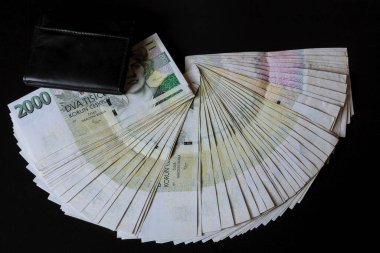Siyah arka planda siyah bir cüzdanda Çek parası. Çek Tacı Banknotlar 2000.