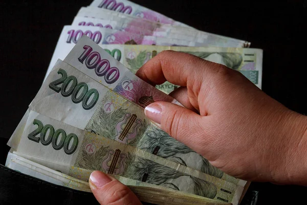 Çek parası siyah arka plandaki bir kadının elinde. Çek tacı siyah bir cüzdanda. 2000 'in banknotları.