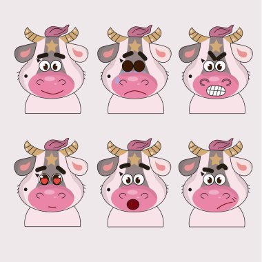 Farklı duygu ve ifadelerde Pretty BULL karakter tasarımı