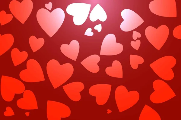 Bakgrund vit och röda hjärtan Alla hjärtans dag glödande hjärtan Bakgrund gratulationskort — Stockfoto