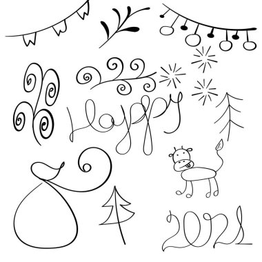 Yeni yıl ve Noel Baba çantaları 2021 numaralı inek. Mutluluk çelenkleri. Noel ağacı süslemeleri.