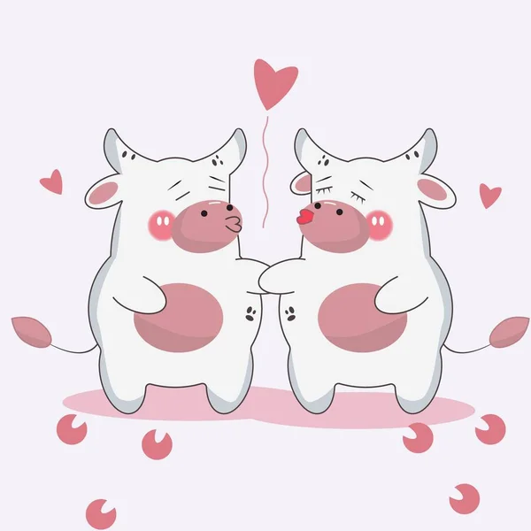 Amor de toro y vaca, lindo toro en estilo kawaii, estilo de dibujos animados, pareja favorita, día de San Valentín, tarjeta de amor Fondo de pantalla, un beso para dos — Foto de Stock