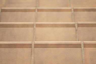 Terracotta kil kiremitli merdivenler, kahverengi renkli çimentoyla birleştirilmiş, bir evdeki merdivenlerle verandayı kaplayan