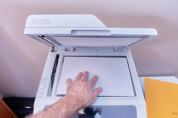 White Caucasian Man Working Office Making Photocopies White Copier Top Stock Photo