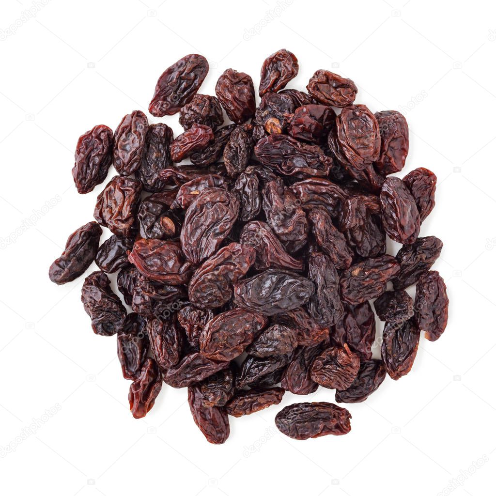 Jumbo raisins isolated on white background, top view