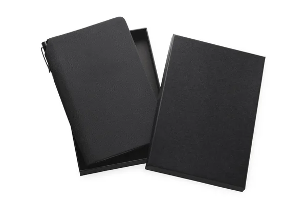 Fekete PU bőr notebook rovatban izolált fehér — Stock Fotó