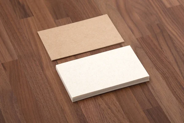 Business Card Mockup Eco Paper Wooden Table — Stock Photo, Image