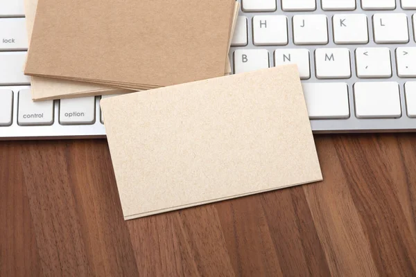 Eco Friendly Business Card Computer Keyboard Wooden Office Table — Stock Photo, Image