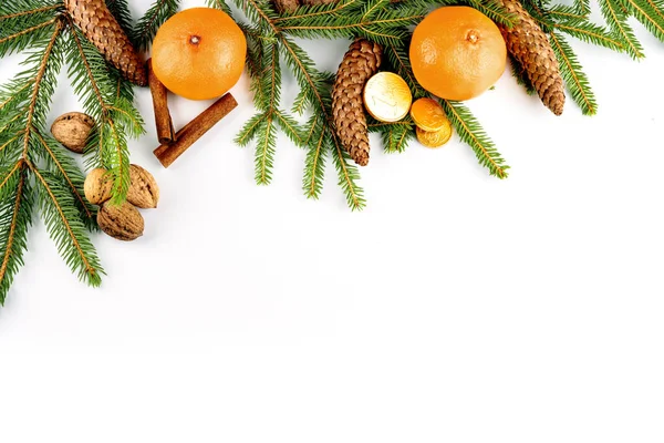 Dal, koni ve turunçgillerden yapılmış Noel çerçevesi beyaza izole edilmiş.