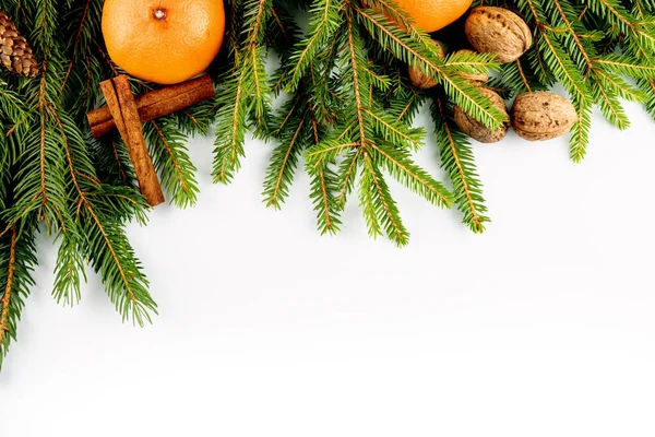 Dal, koni, ceviz, tarçın ve turunçgillerden yapılmış Noel çerçevesi beyaza izole edilmiş.