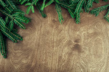 Ahşap arka planda izole edilmiş dallarla yapılmış Noel çerçevesi