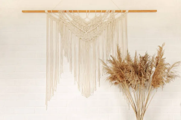 Canna Beige Contro Una Parete Bianca Con Pannello Parete Macrame — Foto Stock