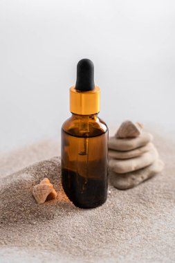 Cilt bakımı için pipetli cam kahverengi serum şişesi kumların üzerinde taş ve deniz kabuklarıyla birlikte. Deniz bileşenli kozmetik ürünleri. Sağlık ve güzellik kavramı. minimalizm, boşluğu kopyala