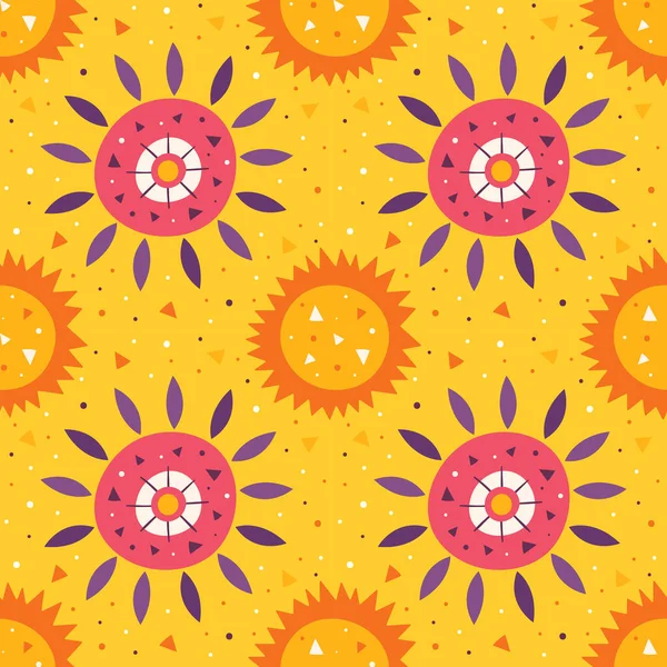 Little cute sun and flower on yellow backdrop. Summer holidays. Wildlife, nature. Mexico element, desert. Hot bright sunny weather. Flat colourful vector seamless pattern, texture, background.