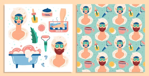 Home spa night. Woman and man.  Beauty process. Happy good mood, smile. Skin hair health care. Recreation, self care relax rest. Bathroom, shower. Flat hand drawn vector seamless pattern. Card making.