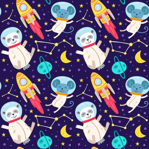 Panda bear, mouse, space suit, planet, star, moon, constellation, space probe, galaxy, science. Cosmos vector flat seamless pattern, background.  For children. Packaging design.