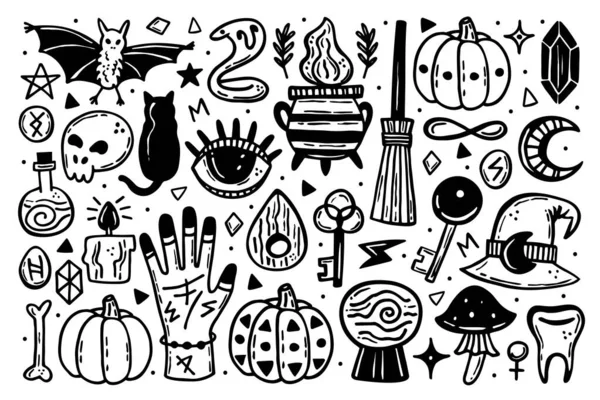 Halloween clip art, set of elements. Holiday ink stamps, silhouettes. Eye, black cat, bat, witch hat, pumpkin, key, poison, cauldron, skull, bone, snake, runes, moon. Magic, supernatural, paranormal.