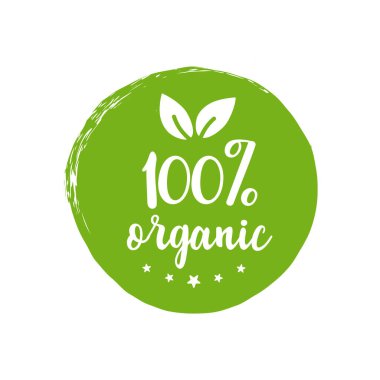 100 organik. Yuvarlak yeşil ikon doğal ürünler, malzemeler, çevre dostu hammaddeler