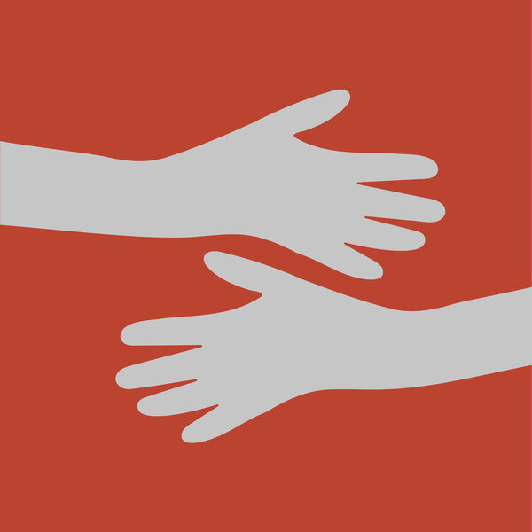 Hands hugs vector minimalist flat style reaching gesture on red background, stock vector.