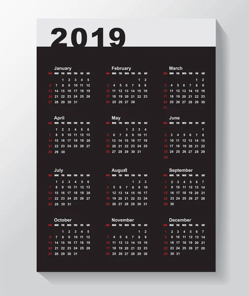 Plantilla Calendario Para 2019 Año — Archivo Imágenes Vectoriales