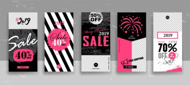 2019 tokatlamak düğmeleri kadar neşeli Noel ve mutlu yeni yıl satış hikayeleri şablonuyla kümesi. Akarsu. Sosyal medya promo için trendy tarzı el çekilmiş dokular üzerinde şeffaf arka plan ile yaratıcı evrensel kartları