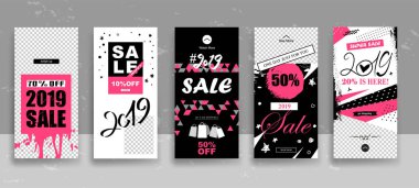 2019 tokatlamak düğmeleri kadar neşeli Noel ve mutlu yeni yıl satış hikayeleri şablonuyla kümesi. Akarsu. Sosyal medya promo için trendy tarzı el çekilmiş dokular üzerinde şeffaf arka plan ile yaratıcı evrensel kartları