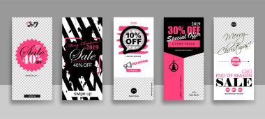 2019 tokatlamak düğmeleri kadar neşeli Noel ve mutlu yeni yıl satış hikayeleri şablonuyla kümesi. Akarsu. Sosyal medya promo için trendy tarzı el çekilmiş dokular üzerinde şeffaf arka plan ile yaratıcı evrensel kartları