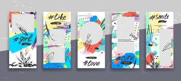 Set Kreativer Universell Editierbarer Geschichten Trendigen Stil Mit Handgezeichneten Texturen — Stockvektor