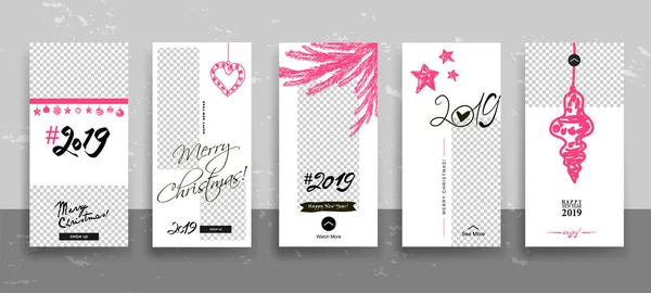 Set Merry Christmas Happy New Year Instagram Stories Template Streaming — Stock Vector