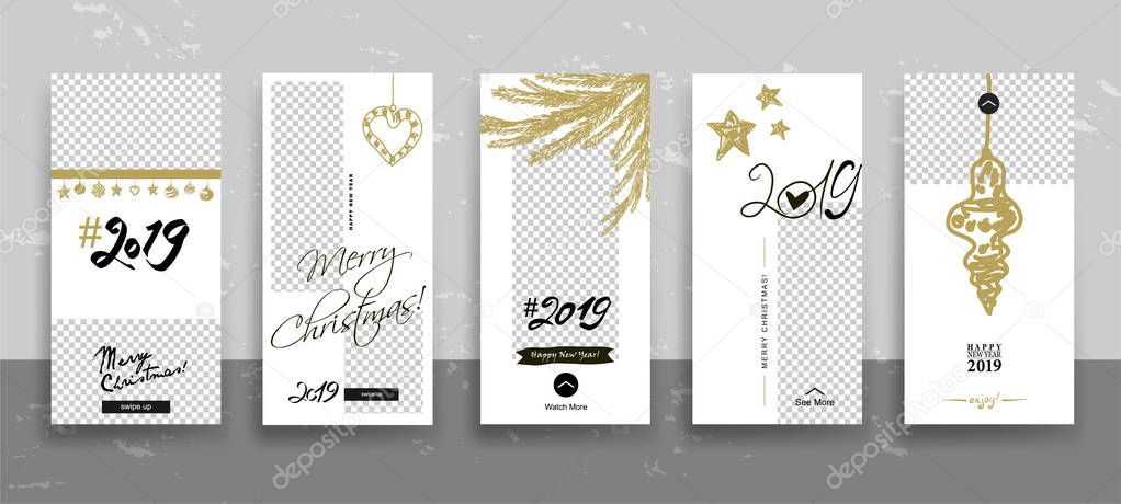 Set of Merry Christmas and Happy New Year Instagram Stories template. Streaming. Creative universal Editable cards  in trendy style with Hand Drawn textures on transparent background for social media promo