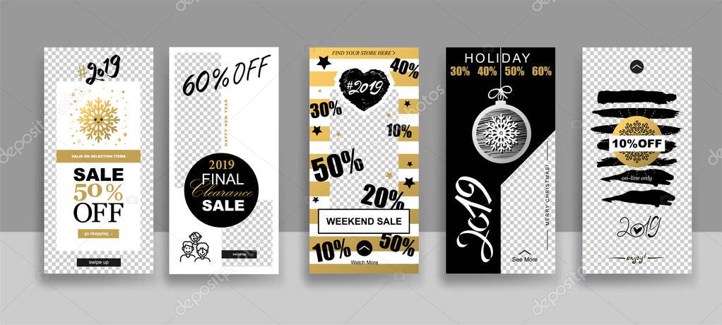 Set of 2019 Merry Christmas and Happy New Year Sale Stories template  with swipe up buttons. Streaming. Creative universal cards  in trendy style with Hand Drawn textures on transparent background for social media promo