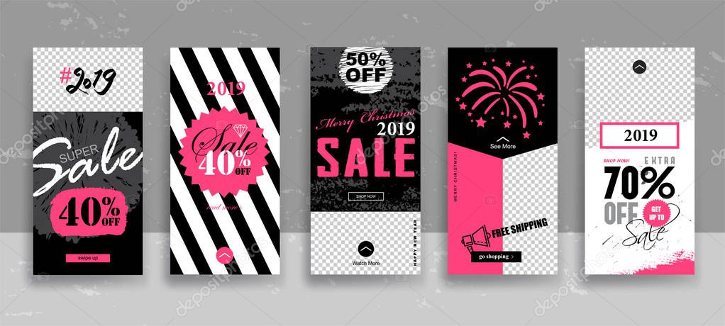 Set of 2019 Merry Christmas and Happy New Year Sale Stories template with swipe up buttons. Streaming. Creative universal cards  in trendy style with Hand Drawn textures on transparent background for social media promo