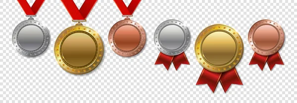 Set Realistic Champion Gold Silver Bronze Awards — Stock Vector
