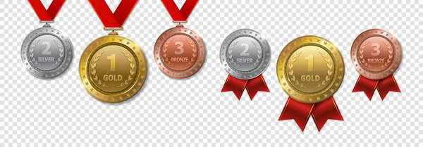 Set Realistic Champion Gold Silver Bronze Awards — Stock Vector