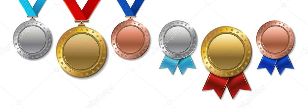 Set of realistic 3d Champion gold, silver and bronze awards