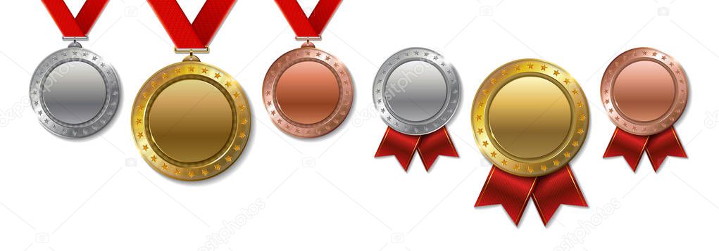 Set of realistic 3d Champion gold, silver and bronze awards