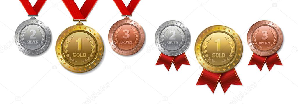 Set of realistic 3d Champion gold, silver and bronze awards