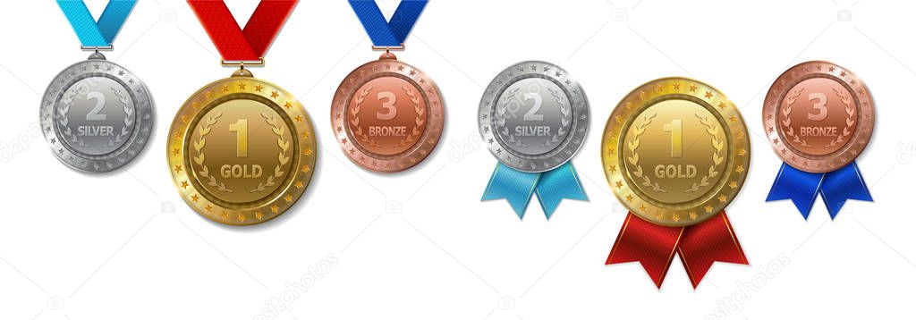 Set of realistic 3d Champion gold, silver and bronze awards