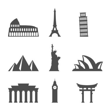 Big Ben, Eyfel Kulesi, Mısır düz cortoon gerçekçi simgeleri 