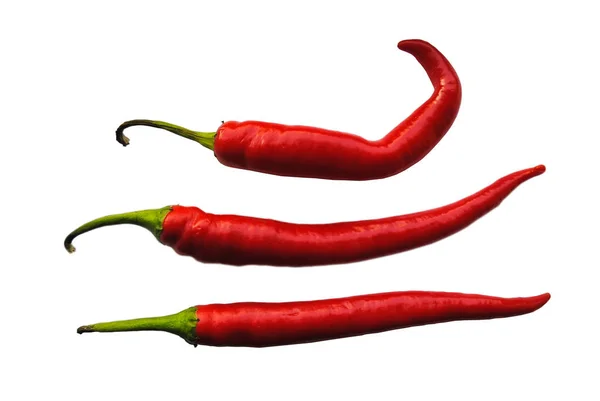 Three Red Bitter Chilli Peppers White Background — 스톡 사진